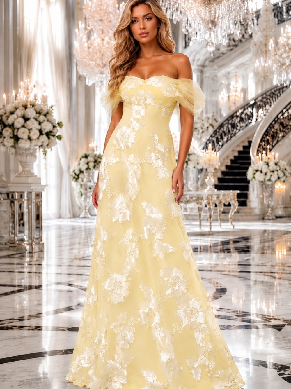 NWT Yellow Off the Shoulders Formal Gown Sz 16 Wedding Guest Gala Military